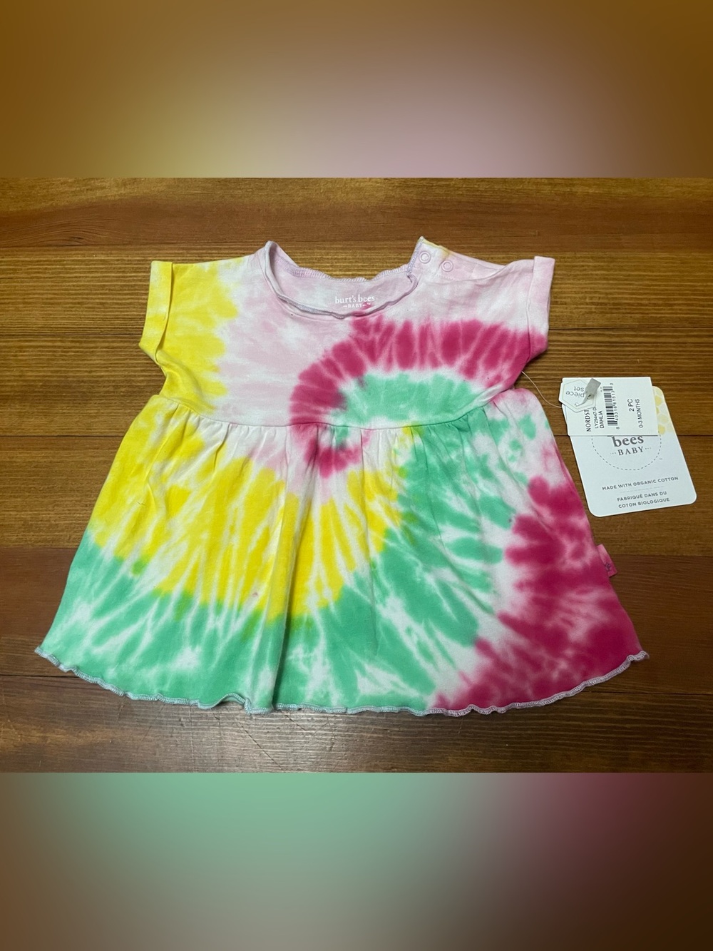 NWT Burt's Bees Baby Tie-Dye Short Sleeve Dress in Yellow, Pink & Green 0-3 Mon